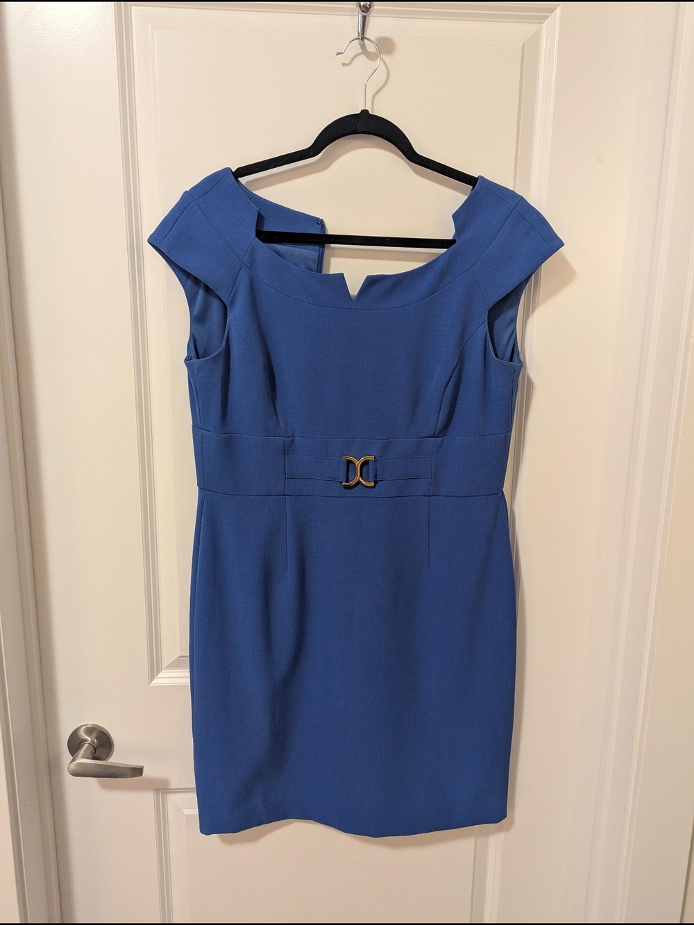 Tahari Royal Blue Cap-Sleeve Sheath Dress with Gold Buckle